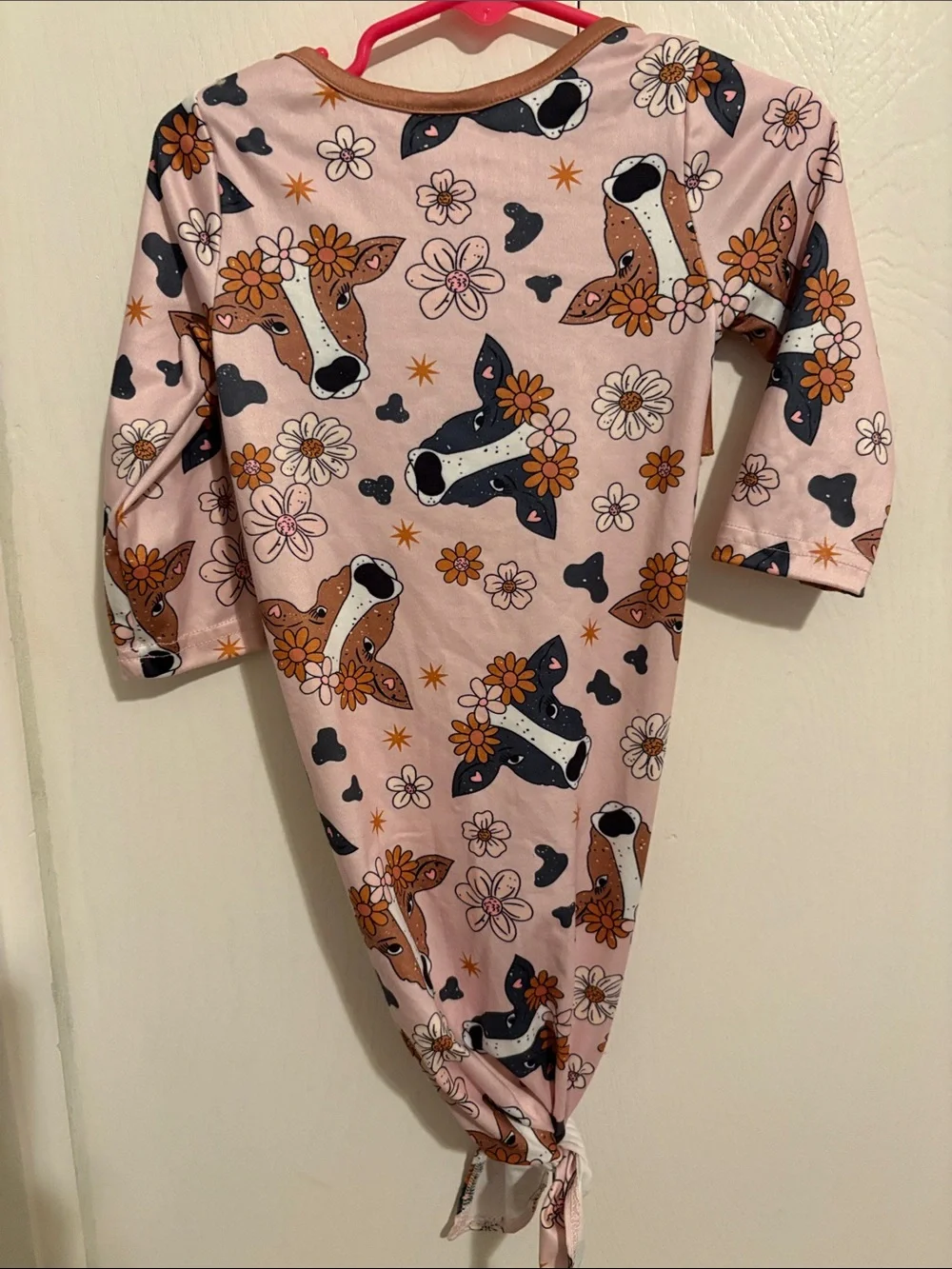 (Brand) Pink Floral Dog Print Baby One-Piece with Brown Ruffle